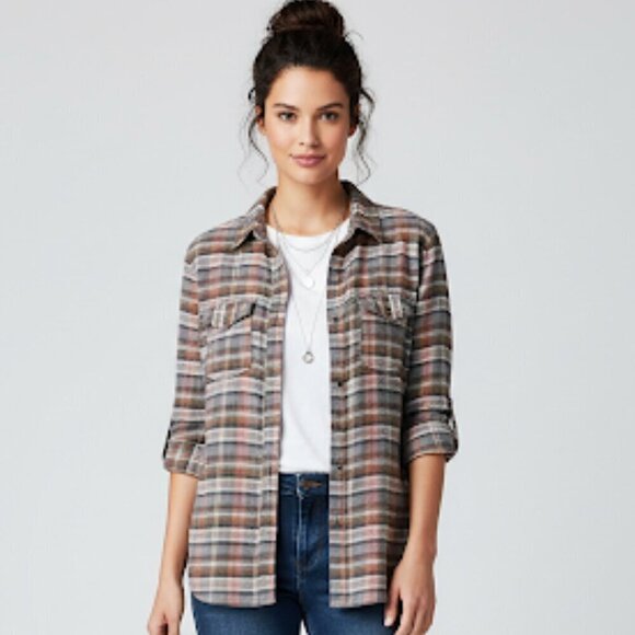 Melrose and Market Tops - Melrose and Market Plaid Flannel Buttoned Plaid Warm Rustic w Front Pockets SM